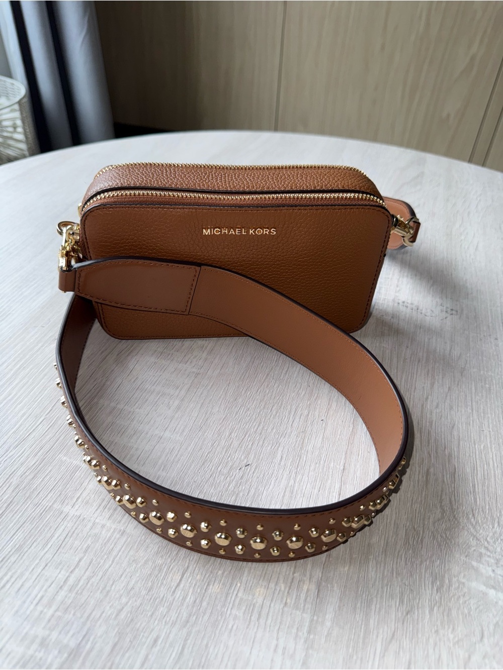 Michael Kors Pebbled Leather Crossbody Camera Bag with Studded Strap